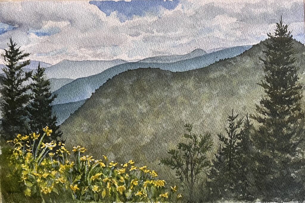watercolor painting of Blue Ridge Parkway view