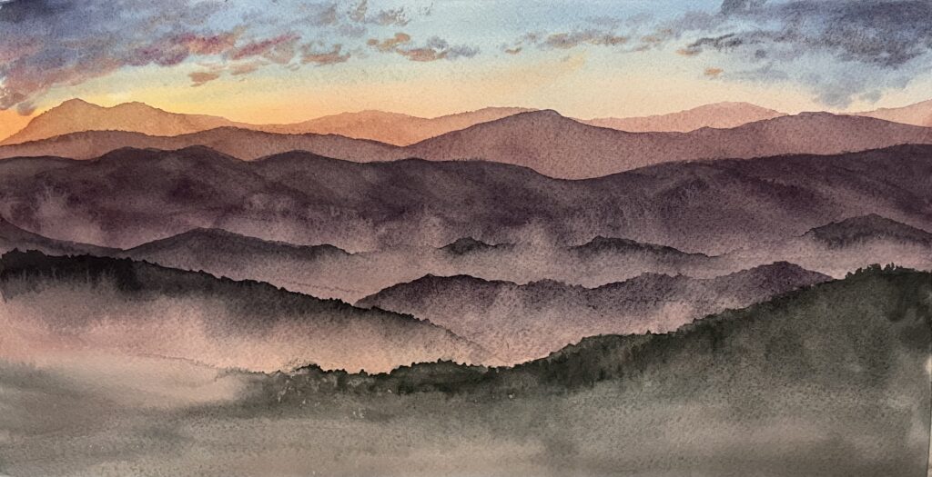 watercolor painting sunrise Great Smoky Mountains Foothills Parkway