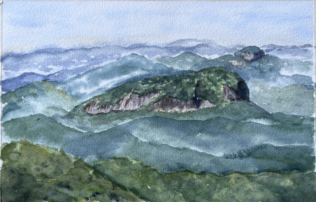watercolor painting of Looking Glass Rock from the Blue Ridge Parkway, North Carolina