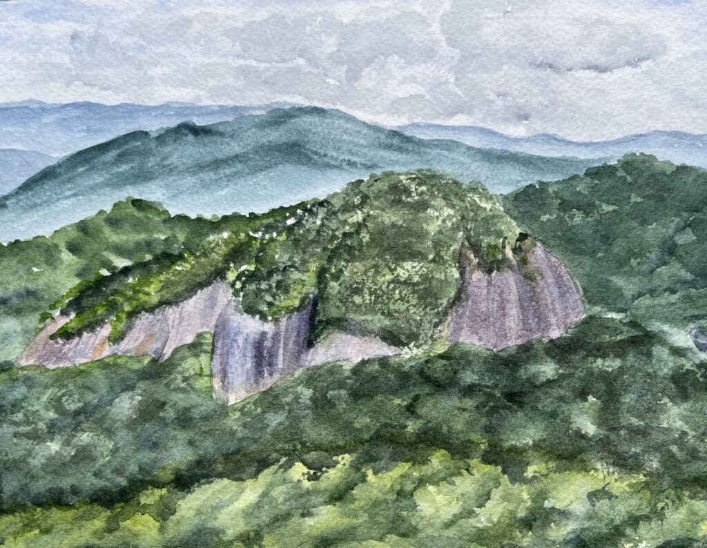 watercolor painting of Looking Glass Rock from the Blue Ridge Parkway, North Carolina