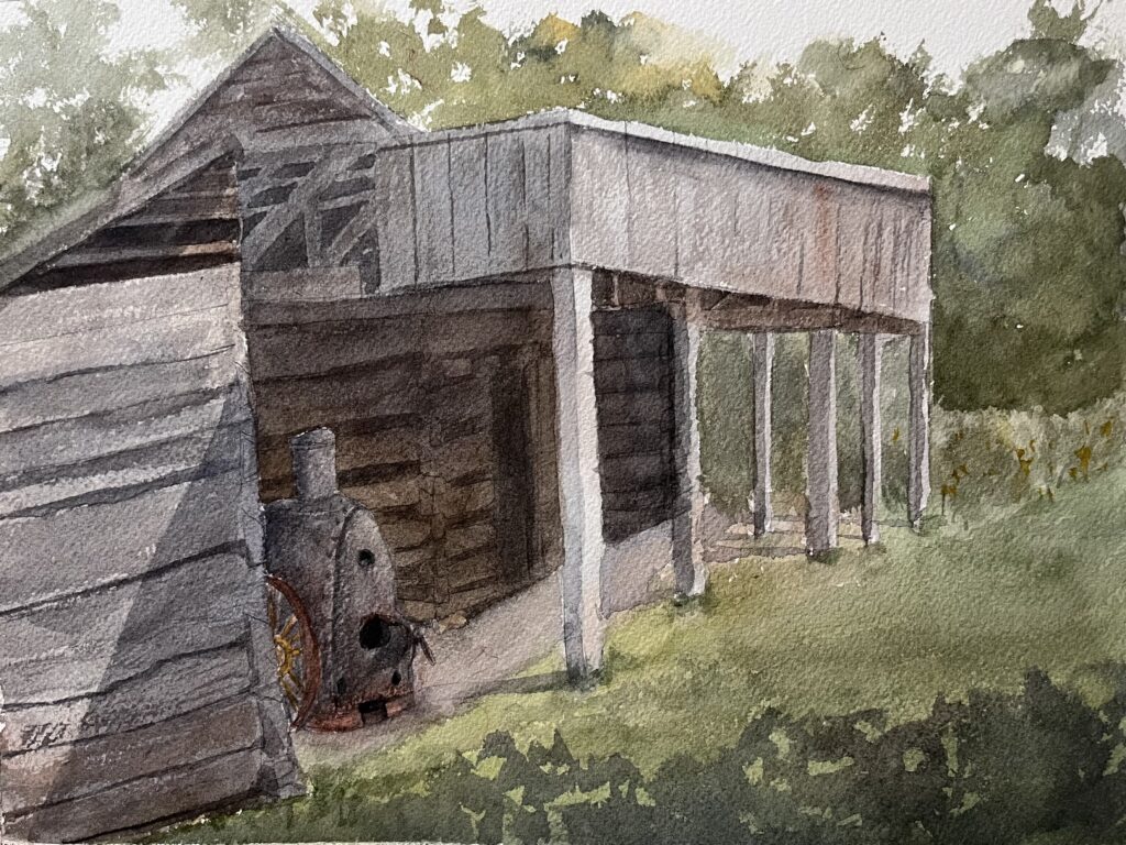 watercolor painting of cantilever barn at Great Smoky Mountains Heritage Center 
