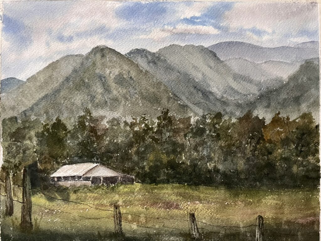 watercolor painting Cades Cove Great Smoky Mountains 