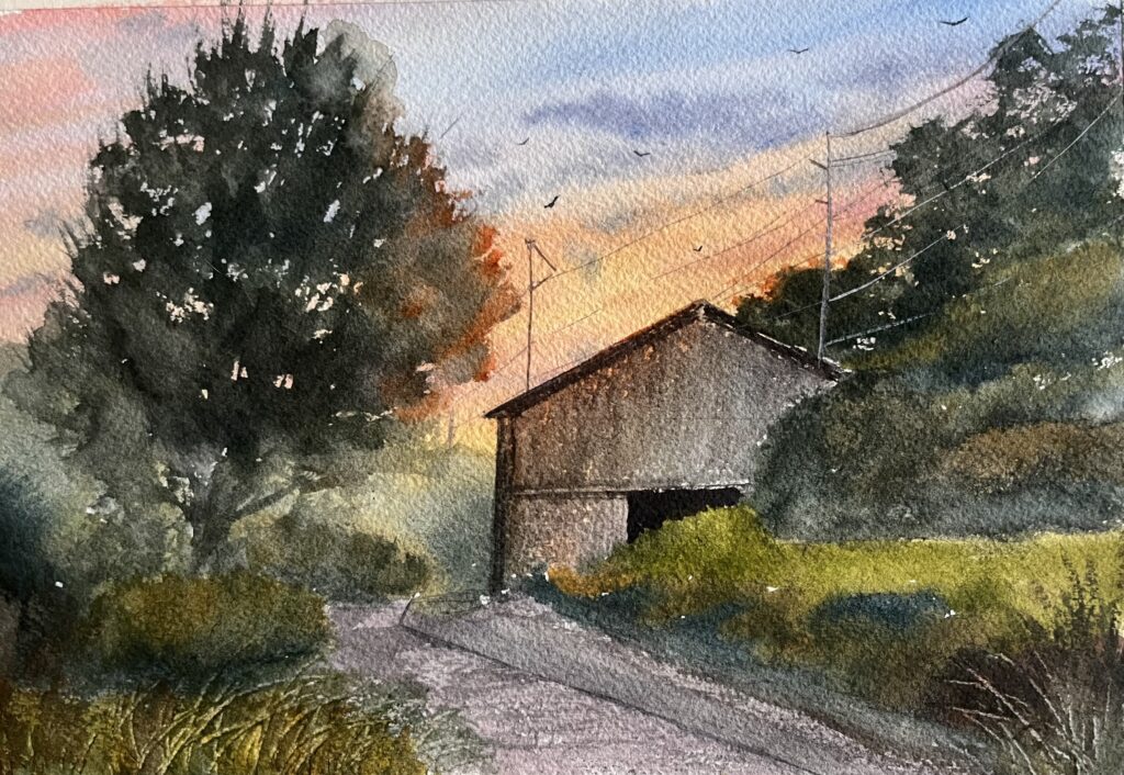 watercolor painting of Bluebird barn at Seven Islands State Birding Park Knox County TN