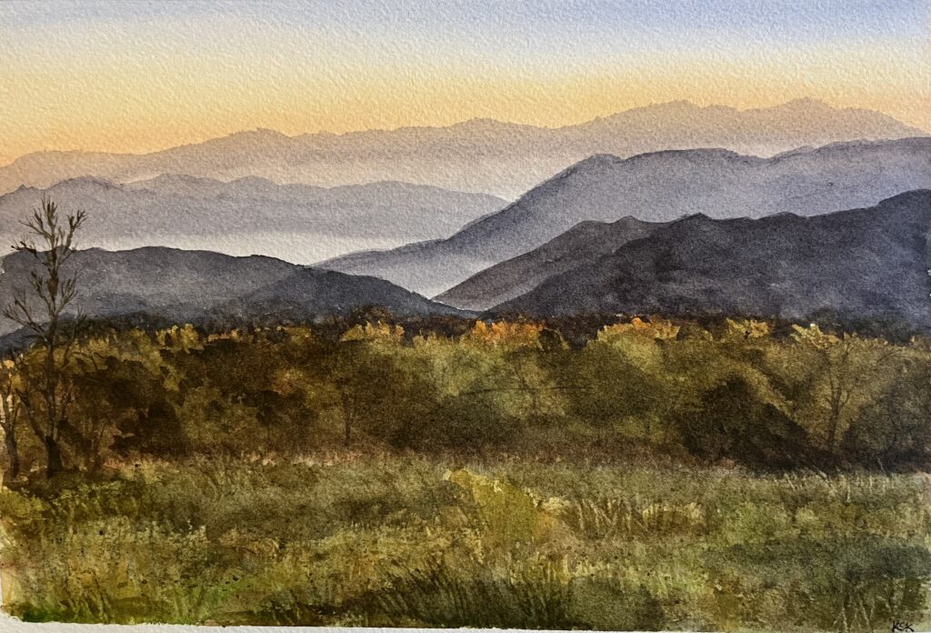 watercolor painting sunset Great Smoky Mountains fall